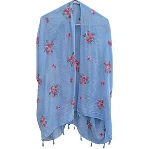 David and Young Blue Floral Embroidered Shawl Kimono Swim cover up Women's OS